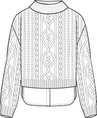 Women's 2 in 1 Cable Jumper. Technical fashion illustration. Front, white color. Women's CAD mock-up.