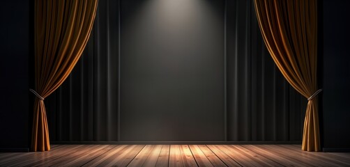 Aufkleber - Empty stage with rich gold velvet curtains. Dark background creates dramatic atmosphere. Wooden floor adds warmth. Perfect for theater presentation. Interior design illustration. Classical style.