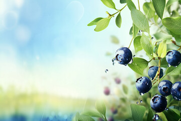 Wall Mural - Water drops on ripe sweet blueberry. Fresh blueberries background with copy space for your text.