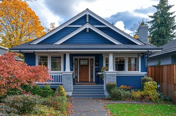 blue house with white trim, porch, fence, and fall colors, captured on a sunny day with bright dayli