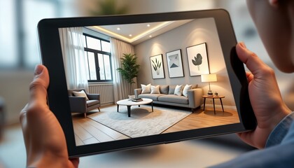 person views interior design on tablet. augmented reality tech shows virtual decor. ar home decor ap