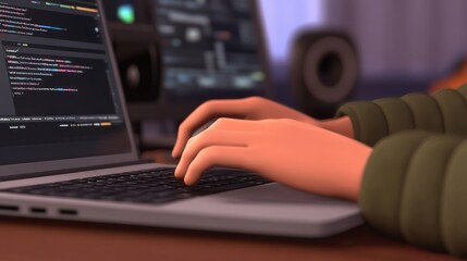 Close-up of hands coding on laptop at night.