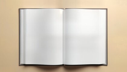 Poster - Open book with blank pages displayed on flat background. Top view image shows empty pages for design illustration. New, blank page ready for content. Suitable for use in education business projects