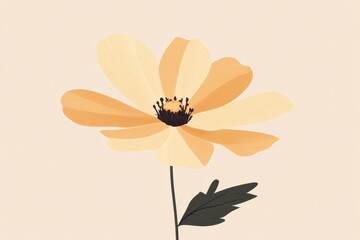 Fototapete - Soft yellow flower with delicate petals and green leaf against a light background capturing natures beauty and simplicity. Generative AI