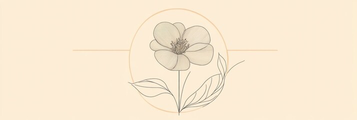 Aufkleber - Line art of a delicate flower with leaves on a soft beige background in minimalist style. Generative AI