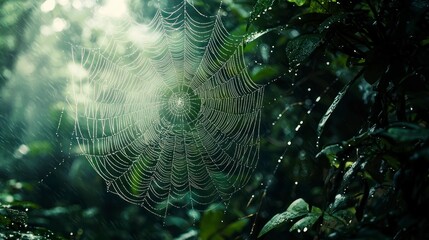 Spider web with dew drops in rain forest, natural background.