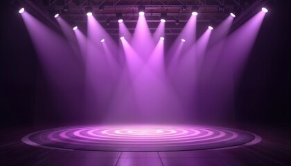 Aufkleber - Empty stage bathed in vibrant purple stage lights. Spotlights create dramatic beams. Circular patterns highlight stage floor. Photo ideal for event promo, concert posters, music design, club