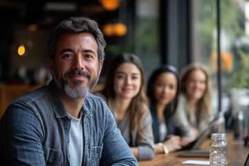Wall Mural - Portrait of a Confident Middle-Aged Man with a Beard in a Collaborative Work Environment Surrounded by Three Colleagues in a Bright, Modern Office Interior