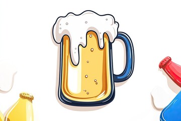 A vibrant illustration of a frothy beer mug surrounded by colorful beverage bottles on a white background