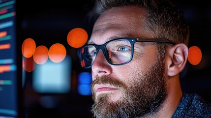 Focused programmer coding late at night, city lights blurred background; website, app development