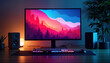 © miss irine - Modern computer workstation with colorful RGB keyboard, desktop background. Computer monitor shows artistic landscape. Stylish desk setup with speakers, plants. Nighttime ambiance with soft lights.