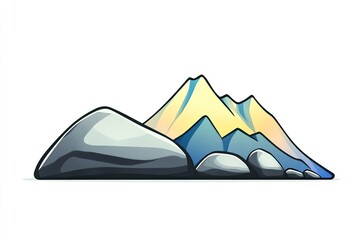 Stylized mountain landscape featuring smooth rocks and colorful peaks under a clear sky