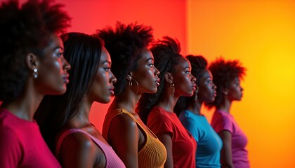 Diverse women stand in row against colorful backdrop. Stylish attire in various colors. Powerful female figures. Photo strength, unity. Image highlights cultural diversity. Strong empowering message.