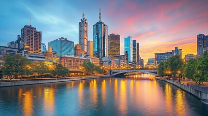 Cityscape sunset, river reflection, urban landscape, travel, tourism