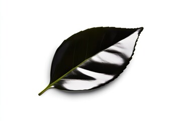 Glossy black leaf showcasing intricate details against a white background, highlighting nature's beauty