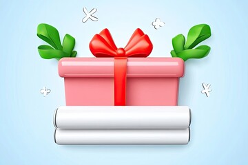 Wall Mural - Colorful gift box with a red bow and green leaves, set against a light blue background, symbolizing celebration