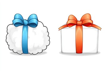 Wall Mural - Two colorful gift boxes with ribbons, one fluffy and the other rectangular, on a white background