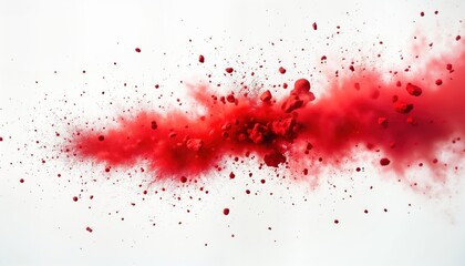 Poster - Red chalk particles explode in dynamic display against white background. Burst of vibrant red dust, fragments create abstract pattern. Action conveys energy, motion. Artistic representation of