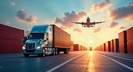 Aufkleber - Sunrise at busy port. Transport truck travels on road surrounded by cargo containers. Airplane flies over port. International shipping, logistics concept. Global trade, efficient delivery system.