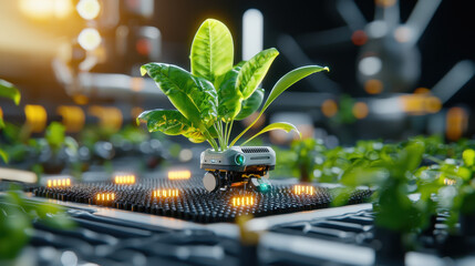 Aufkleber - futuristic 3D model showcasing smart agriculture with robotic device nurturing vibrant green plants. This innovative scene highlights technology role in sustainable farming