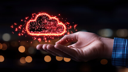 Aufkleber - hand holding glowing cloud symbol representing cloud computing technology, with blurred background of lights
