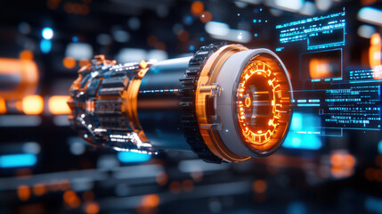 Leinwandbilder - cinematic shot of high tech spacecraft engine with glowing elements and digital interfaces, showcasing advanced technology and futuristic design
