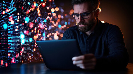 Poster - business professional analyzing data on tablet in dark environment, illuminated by colorful digital lights. scene conveys focus and concentration