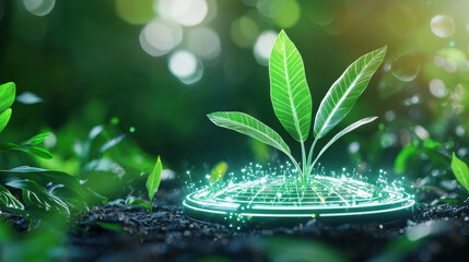 Poster - vibrant green plant emerging from digital grid, symbolizing innovation in sustainable technology and environmental care. scene is illuminated by soft, natural light, creating serene atmosphere