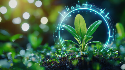 Aufkleber - vibrant green plant emerges from rich soil, surrounded by digital interface symbolizing technology and nature harmony. This captures essence of sustainable growth
