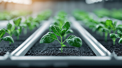 Aufkleber - close up of young spinach plant growing in high tech farming facility, showcasing advanced agricultural techniques and sustainable practices