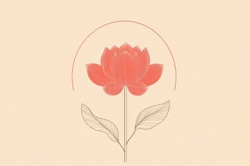 Aufkleber - Delicate red lotus flower illustration on a soft beige background showcasing intricate line work and subtle geometric shapes. Generative AI
