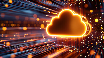 Poster - Cinematic view of cloud system with data flowing, showcasing vibrant colors and dynamic movement. This evokes sense of technology and innovation