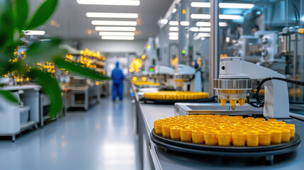 Poster - High tech food processing plant with automated machinery and yellow containers. clean environment showcases advanced technology in food production, emphasizing efficiency and innovation