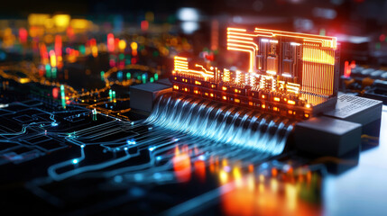 Poster - futuristic circuit board with glowing components and flowing data streams, showcasing advanced technology and innovation