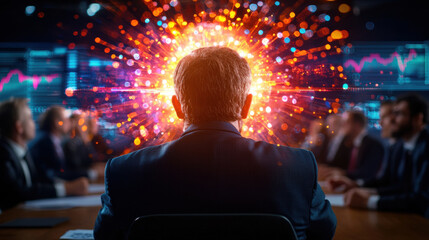 Aufkleber - business meeting with focus on leader, surrounded by data visuals and vibrant energy. atmosphere conveys innovation and collaboration in corporate setting