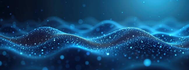 Poster - Abstract tech background shows blue wave patterns. Dynamic design with light effects. Digital elements create modern look. Wave form pattern with many dots, light effect. Ideal for tech design