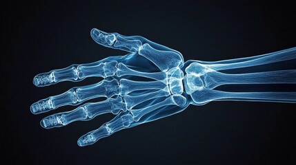 Poster - X ray image of human hand and wrist, showcasing bone structure and joints. This detailed view highlights anatomy, useful for medical analysis and education