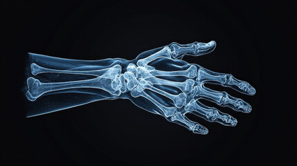 Poster - clinical X ray scan of human hand and wrist, showcasing detailed bone structure and anatomy. This highlights intricate skeletal system, emphasizing bones and joints