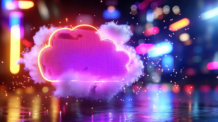 Leinwandbilder - vibrant cloud network representation with neon lights and colorful bokeh effects creates futuristic atmosphere. glowing cloud symbolizes digital connectivity and innovation