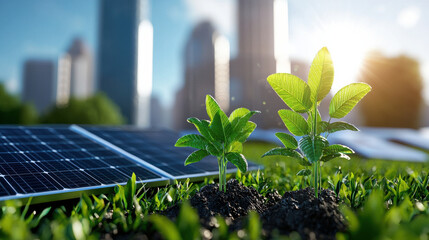 Poster - futuristic cityscape showcasing sustainable energy with solar panels and young plants thriving in foreground, symbolizing growth and environmental harmony
