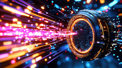 Leinwandbilder - Futuristic 3D representation of cloud network with vibrant light trails, showcasing advanced technology and digital connectivity. image evokes sense of innovation and speed