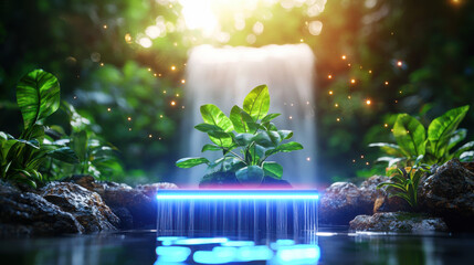 Fototapete - serene hydroelectric facility with lush greenery, water flow, and glowing elements creates tranquil atmosphere. vibrant plants thrive near waterfall, showcasing nature beauty