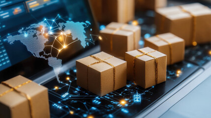 Poster - Futuristic representation of global e commerce with packages and technology. image showcases digital connections and logistics, emphasizing modern shipping solutions
