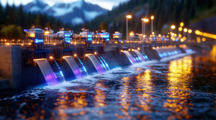 Fototapete - stunning hydroelectric facility with illuminated turbines and flowing water, set against mountainous backdrop. scene captures beauty of renewable energy in action
