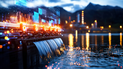 Fototapete - high resolution 3D image of hydroelectric facility showcasing flowing water, digital data visualization, and scenic backdrop. scene conveys innovation and sustainability