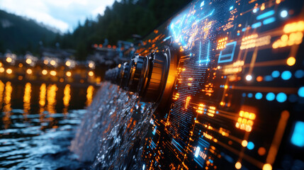 Fototapete - high resolution image of hydroelectric facility showcasing water flowing over digital interface, blending nature and technology in stunning visual