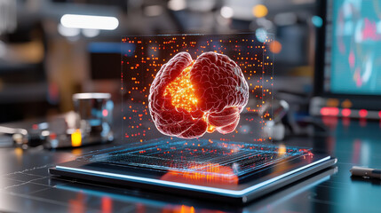 Fototapete - high resolution 3D representation of human brain with glowing neural connections, showcasing advanced technology and digital visualization in modern lab environment