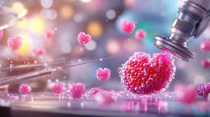 Fototapete - high resolution 3D representation of human organ with microscope and syringe, showcasing vibrant colors and intricate details, evokes sense of scientific exploration and discovery