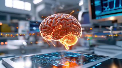 Fototapete - high resolution 3D representation of human brain with glowing effects, showcasing advanced technology in medical environment. image conveys innovation and scientific exploration