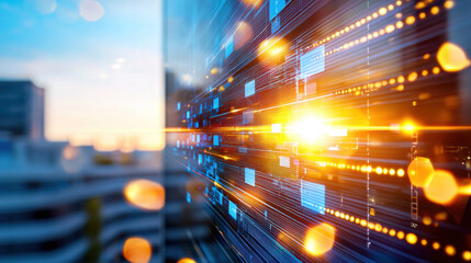 Aufkleber - High resolution digital visualization of futuristic data network with glowing elements and sunset backdrop, symbolizing technology and innovation